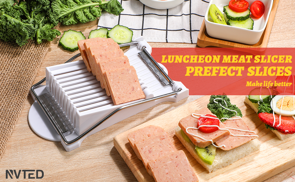 NVTED Slicer, Luncheon Meat Slicer Boiled Egg Fruit Soft Cheese Butter Slicers Cutter, Stainless Steel Wires, Cuts 10 Slices (White)