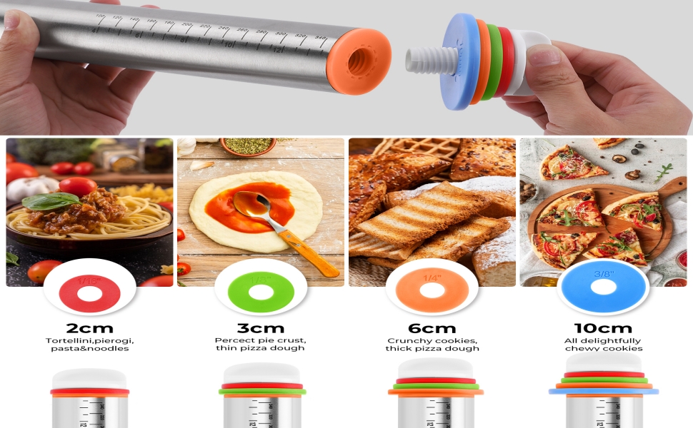 Rolling Pin nonstick and Silicone Baking Pastry Mat combo kit, Adjustable Rolling Pin With Thickness Rings for Baking Fondant, Pizza, Pie, Pastry, Pasta, Dough, Cookies (red)