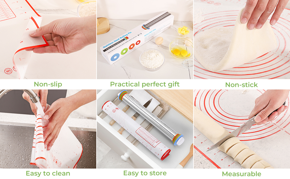 Rolling Pin nonstick and Silicone Baking Pastry Mat combo kit, Adjustable Rolling Pin With Thickness Rings for Baking Fondant, Pizza, Pie, Pastry, Pasta, Dough, Cookies (red)