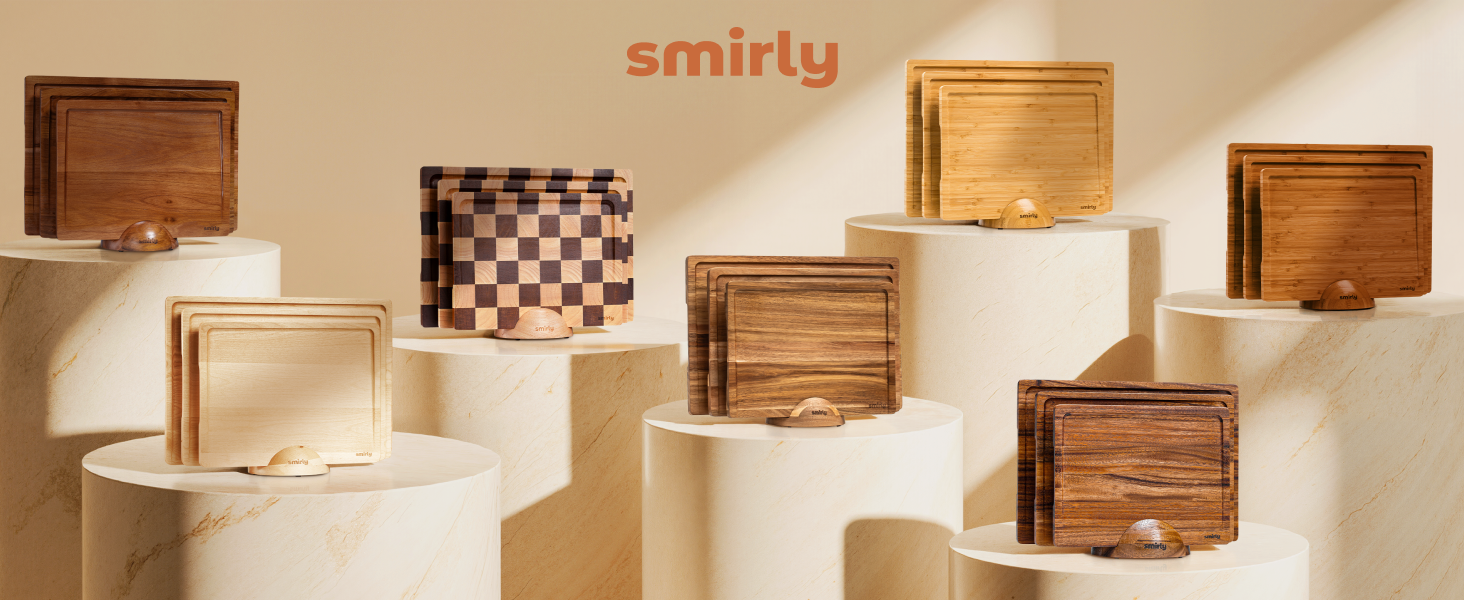 SMIRLY Wooden Cutting Boards For Kitchen Meal Prep & Serving - Bamboo Cutting Board Set with Holder, Charcuterie & Chopping Board, Wood Cutting Board Set, Kitchen Gadgets