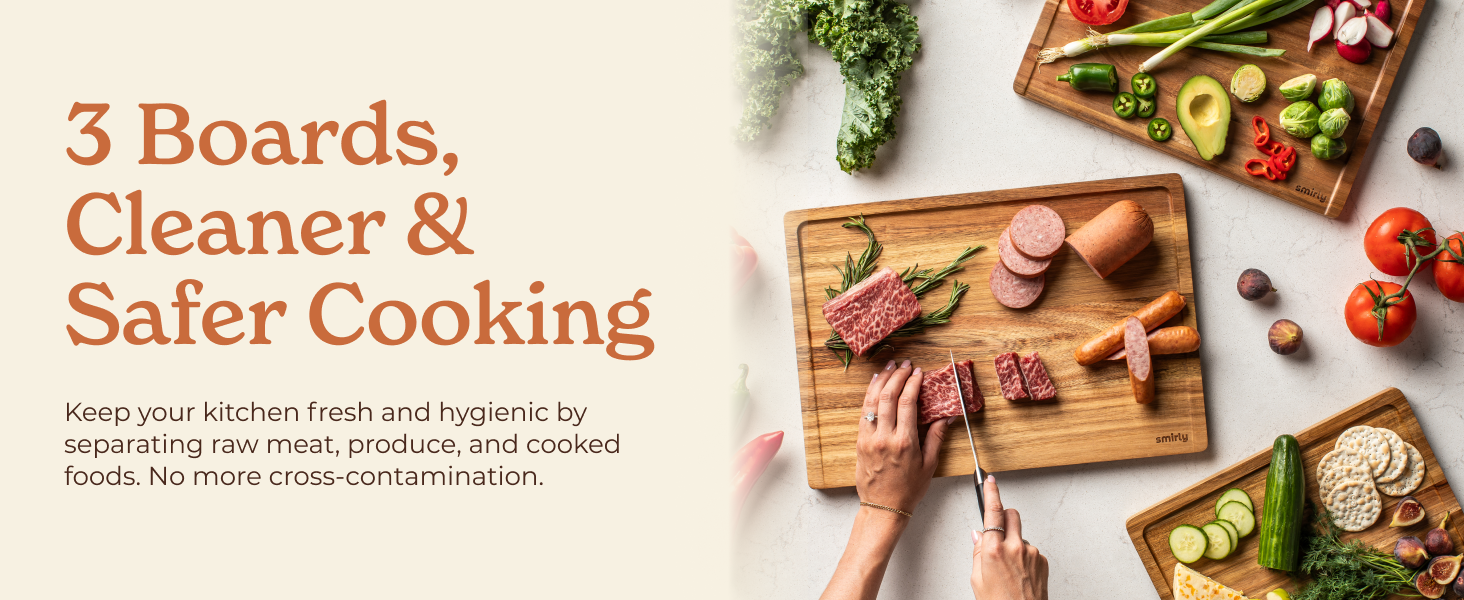 SMIRLY Wooden Cutting Boards For Kitchen Meal Prep & Serving - Bamboo Cutting Board Set with Holder, Charcuterie & Chopping Board, Wood Cutting Board Set, Kitchen Gadgets