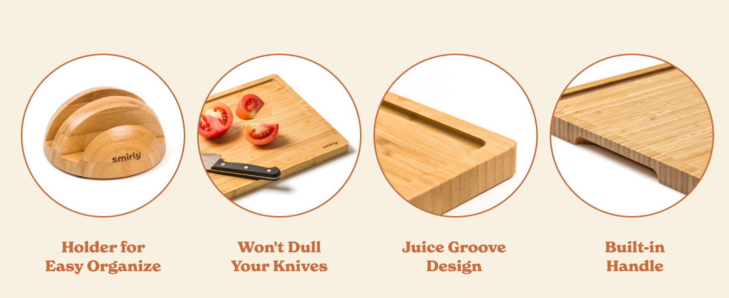 SMIRLY Wooden Cutting Boards For Kitchen Meal Prep & Serving - Bamboo Cutting Board Set with Holder, Charcuterie & Chopping Board, Wood Cutting Board Set, Kitchen Gadgets