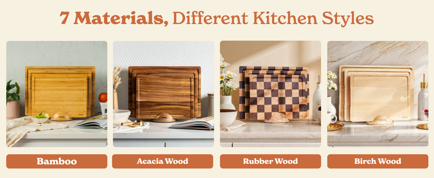 SMIRLY Wooden Cutting Boards For Kitchen Meal Prep & Serving - Bamboo Cutting Board Set with Holder, Charcuterie & Chopping Board, Wood Cutting Board Set, Kitchen Gadgets