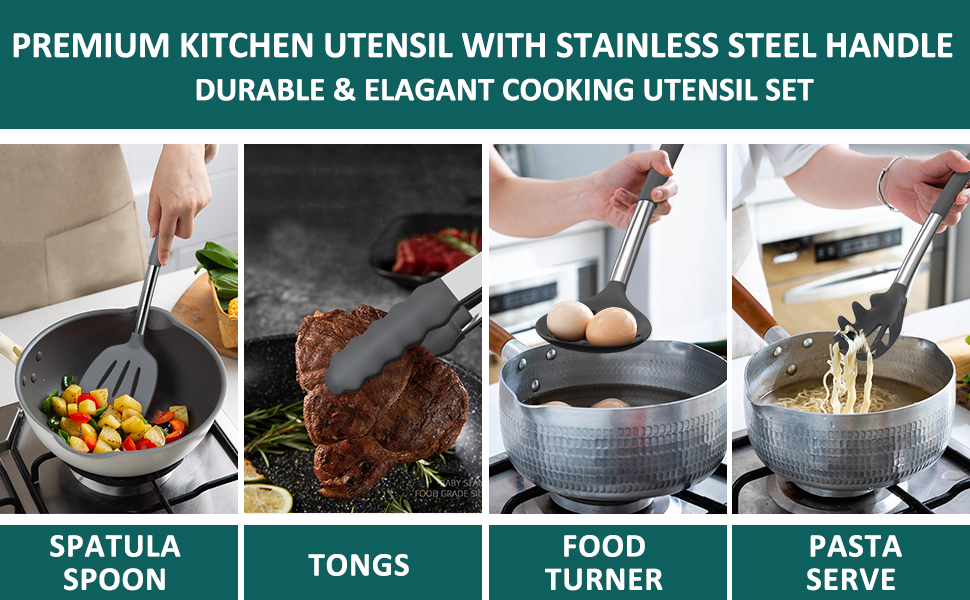 Stainless Steel Kitchen Cooking Utensil Set, Umite Chef 15 pcs Cooking Utensils - Nonstick Kitchen Utensils Cookware Set Spatula Set -Kitchen Gadgets Utensils Set, Kitchen Tools Gift (Gray)