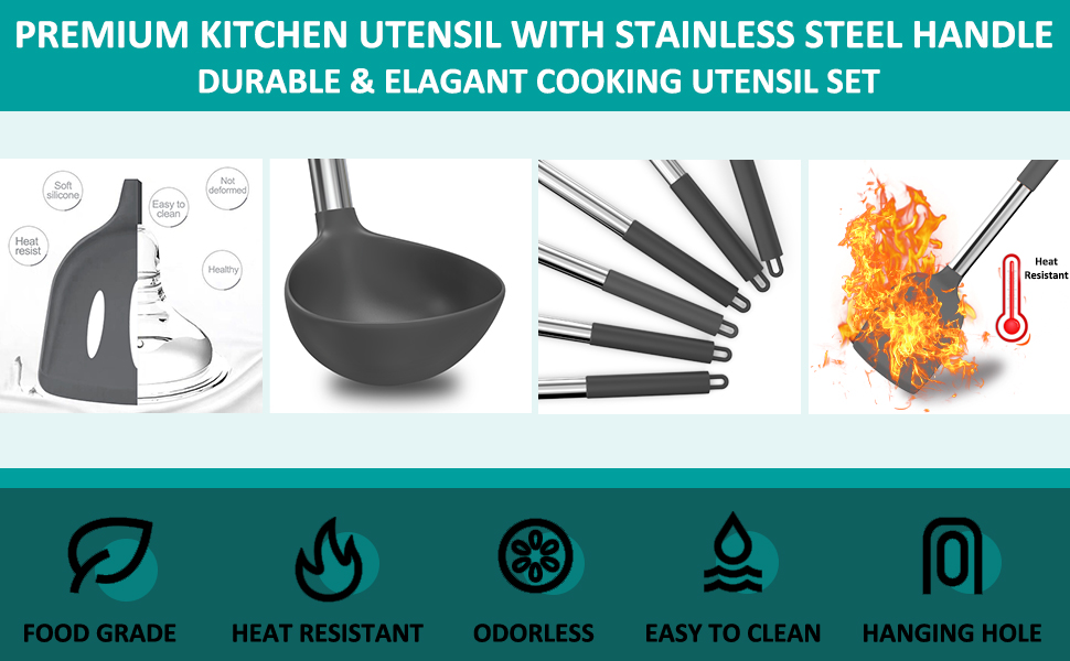 Stainless Steel Kitchen Cooking Utensil Set, Umite Chef 15 pcs Cooking Utensils - Nonstick Kitchen Utensils Cookware Set Spatula Set -Kitchen Gadgets Utensils Set, Kitchen Tools Gift (Gray)