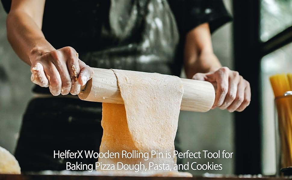 Wooden Rolling Pin 17.6 Inch with Rotating Ergonomic Handles – Classic Beech Wood Dough Roller for Baking Pizza, Pastry, Bread, and Cookies
