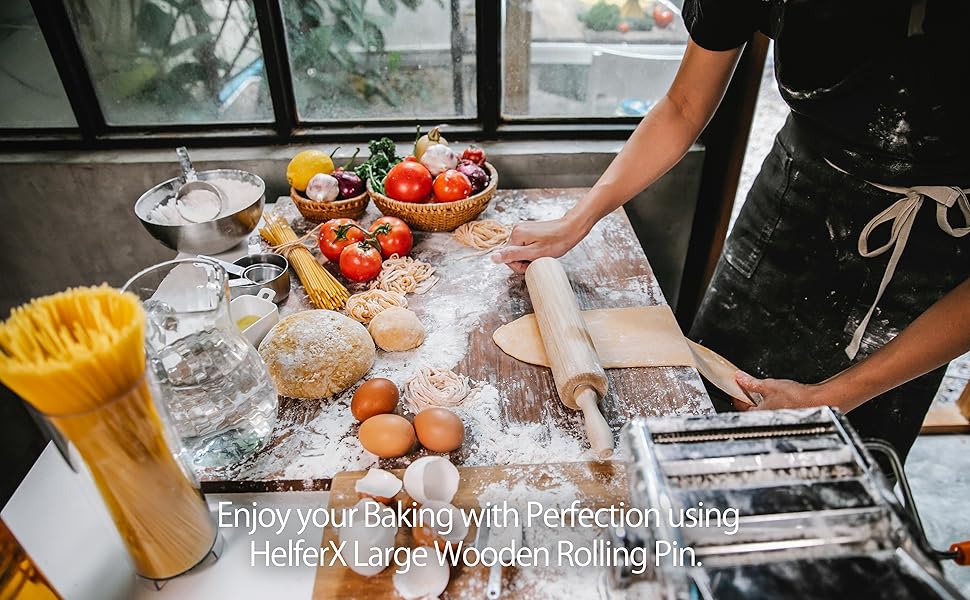 Wooden Rolling Pin 17.6 Inch with Rotating Ergonomic Handles – Classic Beech Wood Dough Roller for Baking Pizza, Pastry, Bread, and Cookies