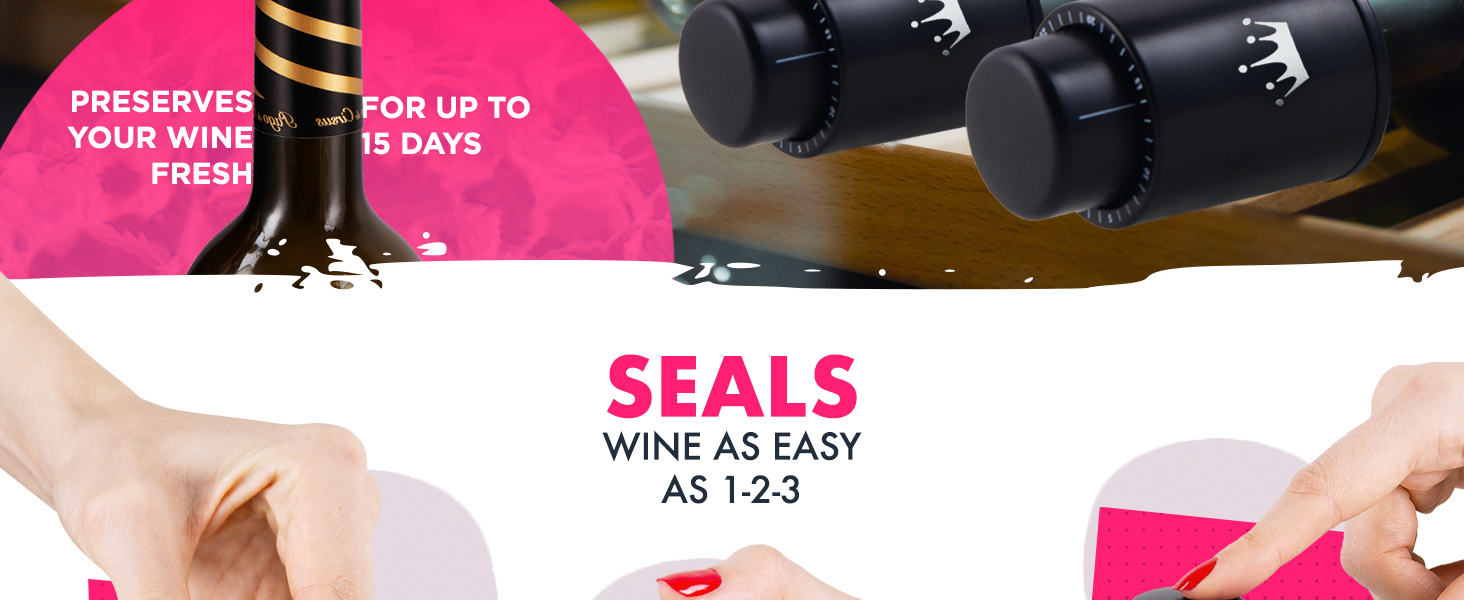 VINABON Vacuum Wine Stopper Set [Pack of 2] - Updated 2026 Preserves Freshness and Flavor for 15 Days. Improved One Pump Button Design, 100% Leak Proof Seal in Any Position. Includes WineGuide eBook