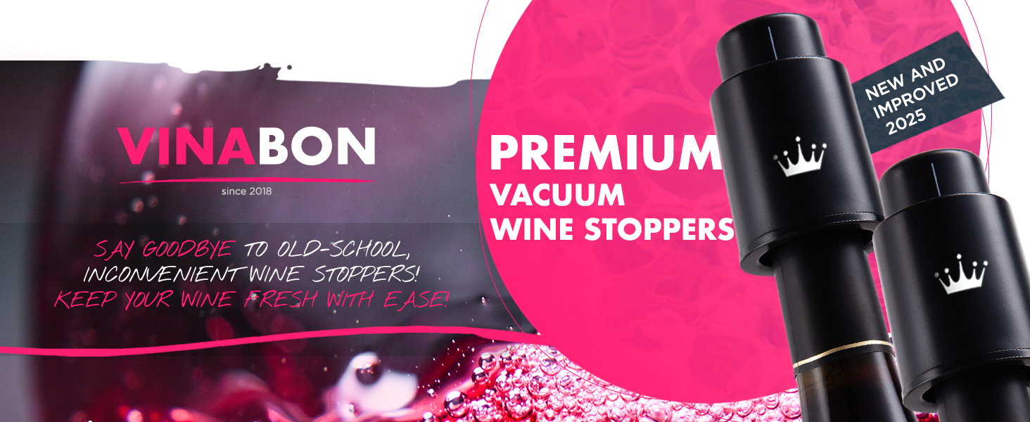 VINABON Vacuum Wine Stopper Set [Pack of 2] - Updated 2026 Preserves Freshness and Flavor for 15 Days. Improved One Pump Button Design, 100% Leak Proof Seal in Any Position. Includes WineGuide eBook