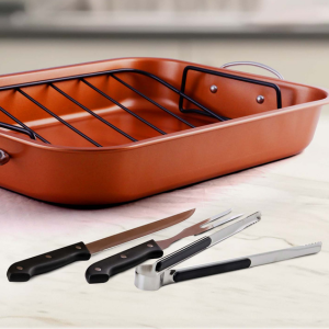 OVENTE Stainless Steel Roasting Pan with V-Shape Rack and Carving Set, 15x11.75 Inch Nonstick Roaster Tray, Oven & Dishwasher Safe Bakeware Dish for Turkey, Roasted Chicken or Beef, Copper CWR24619CO