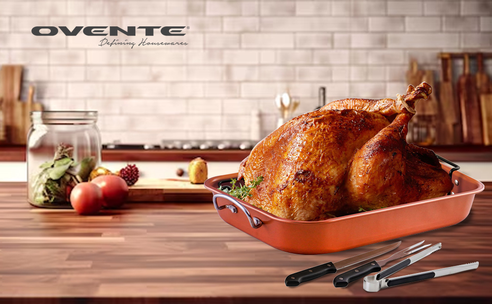 OVENTE Stainless Steel Roasting Pan with V-Shape Rack and Carving Set, 15x11.75 Inch Nonstick Roaster Tray, Oven & Dishwasher Safe Bakeware Dish for Turkey, Roasted Chicken or Beef, Copper CWR24619CO