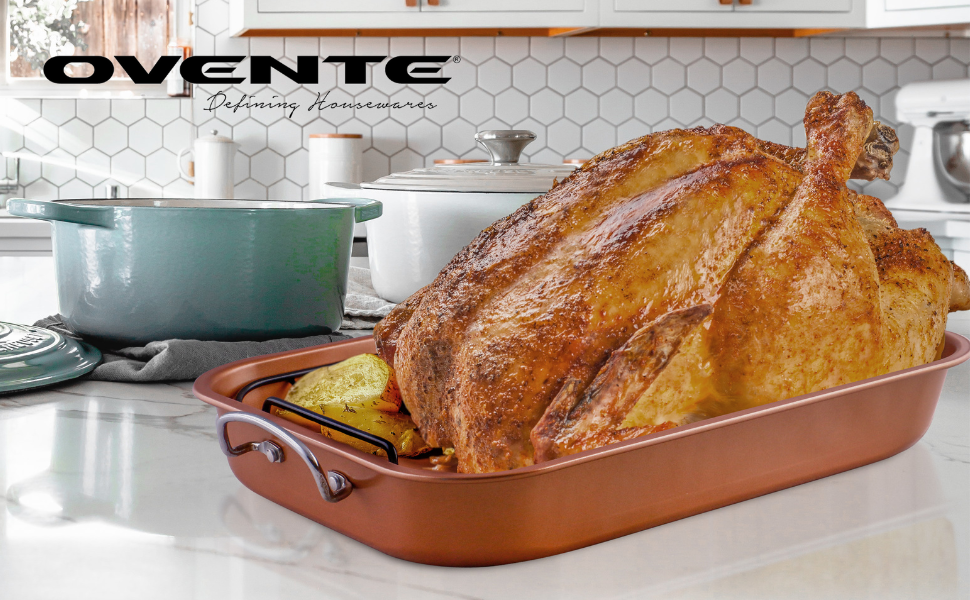 OVENTE Stainless Steel Roasting Pan with V-Shape Rack and Carving Set, 15x11.75 Inch Nonstick Roaster Tray, Oven & Dishwasher Safe Bakeware Dish for Turkey, Roasted Chicken or Beef, Copper CWR24619CO