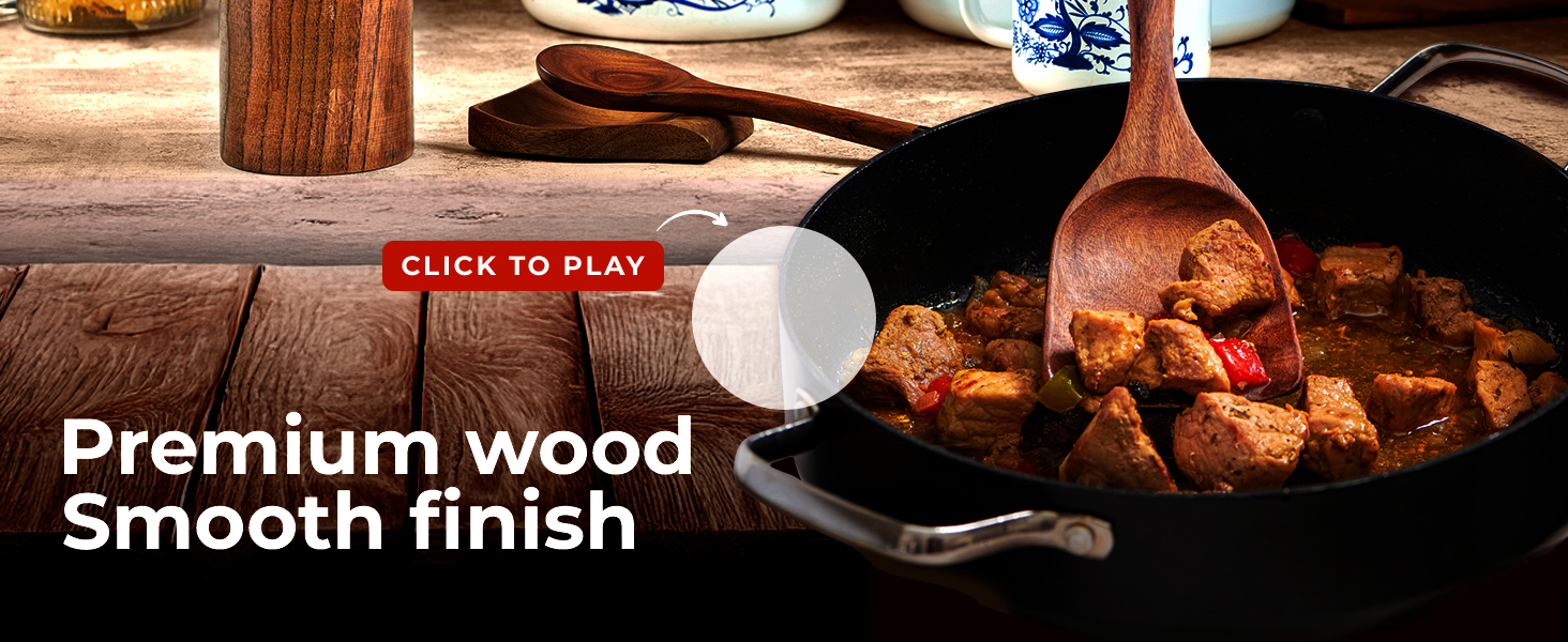 Wooden Utensil Set 8 Pcs – Sturdy & Easy to Clean, Natural Teak Wooden Spoons for Cooking – Non-Scratch Cooking Utensils with Spatula, Turner, Ladle, Spoons, Skimmer, Holder, Spoon Rest & 6 Hooks