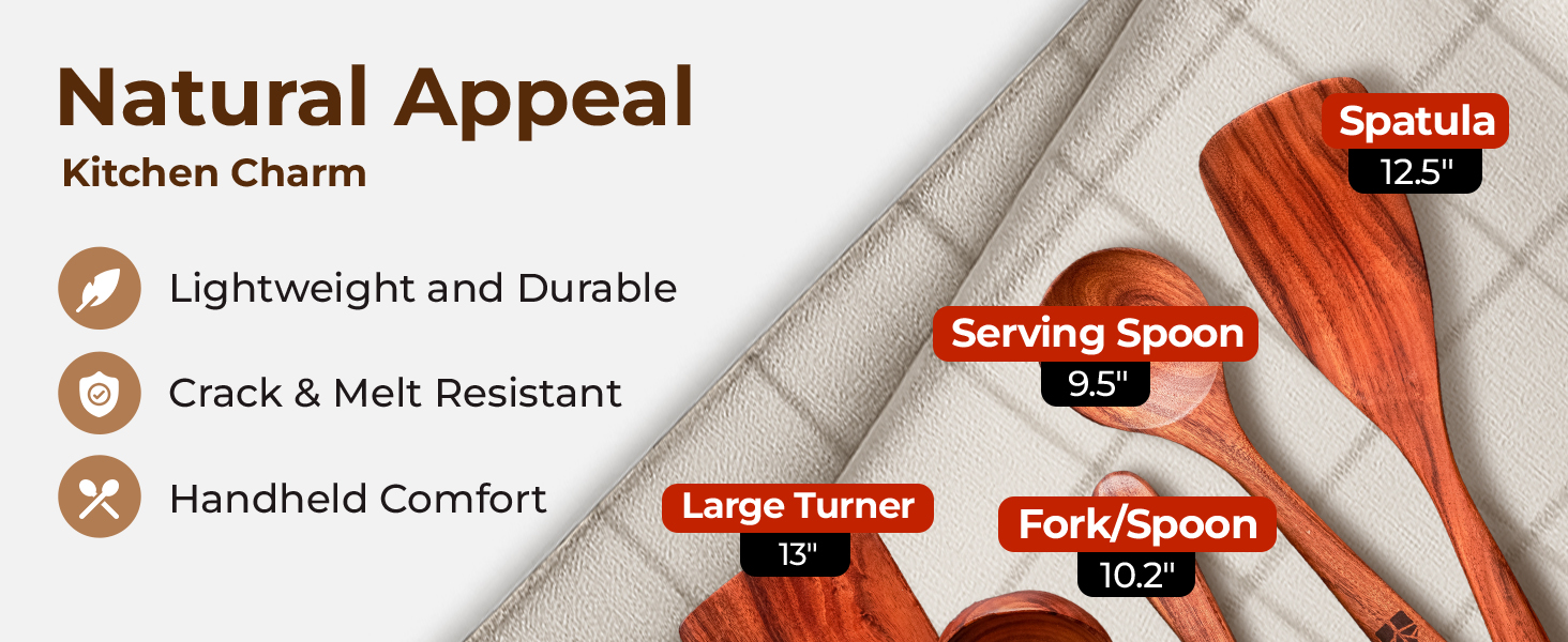 Wooden Utensil Set 8 Pcs – Sturdy & Easy to Clean, Natural Teak Wooden Spoons for Cooking – Non-Scratch Cooking Utensils with Spatula, Turner, Ladle, Spoons, Skimmer, Holder, Spoon Rest & 6 Hooks