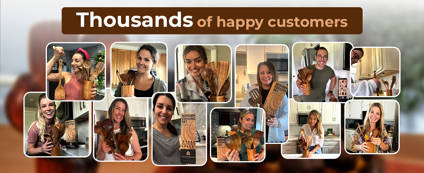 Wooden Utensil Set 8 Pcs – Sturdy & Easy to Clean, Natural Teak Wooden Spoons for Cooking – Non-Scratch Cooking Utensils with Spatula, Turner, Ladle, Spoons, Skimmer, Holder, Spoon Rest & 6 Hooks