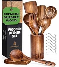 Wooden Utensil Set 8 Pcs – Sturdy & Easy to Clean, Natural Teak Wooden Spoons for Cooking – Non-Scratch Cooking Utensils with Spatula, Turner, Ladle, Spoons, Skimmer, Holder, Spoon Rest & 6 Hooks