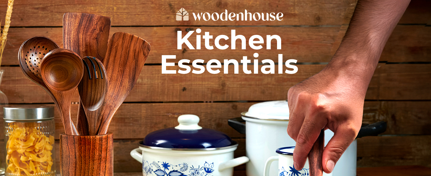 Wooden Utensil Set 8 Pcs – Sturdy & Easy to Clean, Natural Teak Wooden Spoons for Cooking – Non-Scratch Cooking Utensils with Spatula, Turner, Ladle, Spoons, Skimmer, Holder, Spoon Rest & 6 Hooks