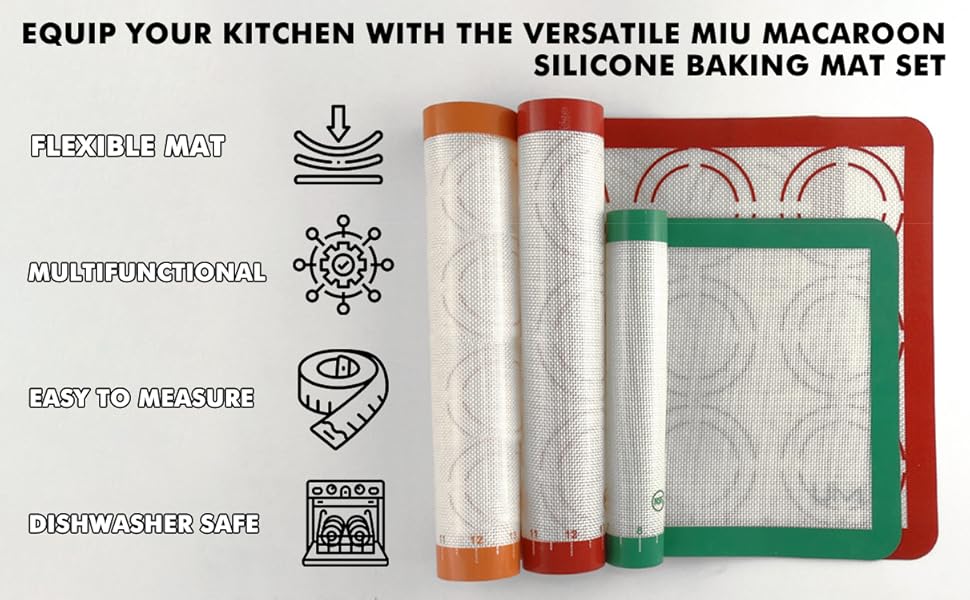 MIU Macaroon Silicone Baking Mat, Non-Stick Cookie Baking Mat, 2 Half Sheets and 1 Quarter Sheet, Perfect Baking Pad Cookie Kit for Macarons, Cake, Bread and Pastry