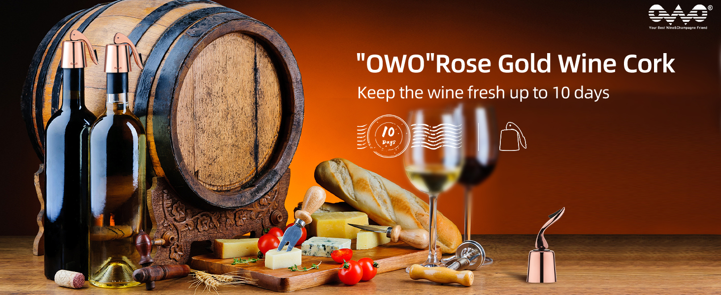 OWO Stainless Steel Wine Bottle Stopper, Reusable Wine Saver with Silicone Seal, Decorative Bottle Sealer, Keeps Fresh (Rosegold, 1 Pack)