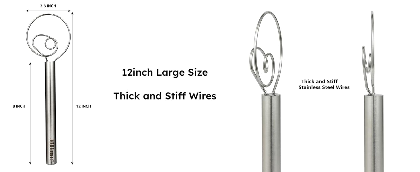 Jillmo Danish Dough Whisk, 12inch Stainless Steel Bread Whisk