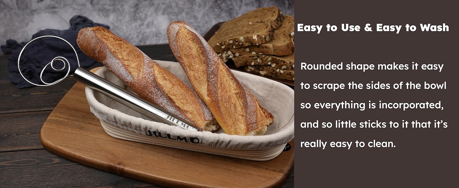 Jillmo Danish Dough Whisk, 12inch Stainless Steel Bread Whisk