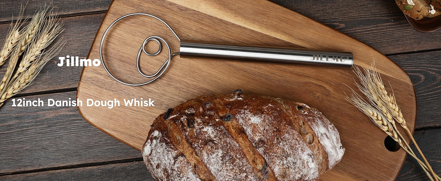 Jillmo Danish Dough Whisk, 12inch Stainless Steel Bread Whisk
