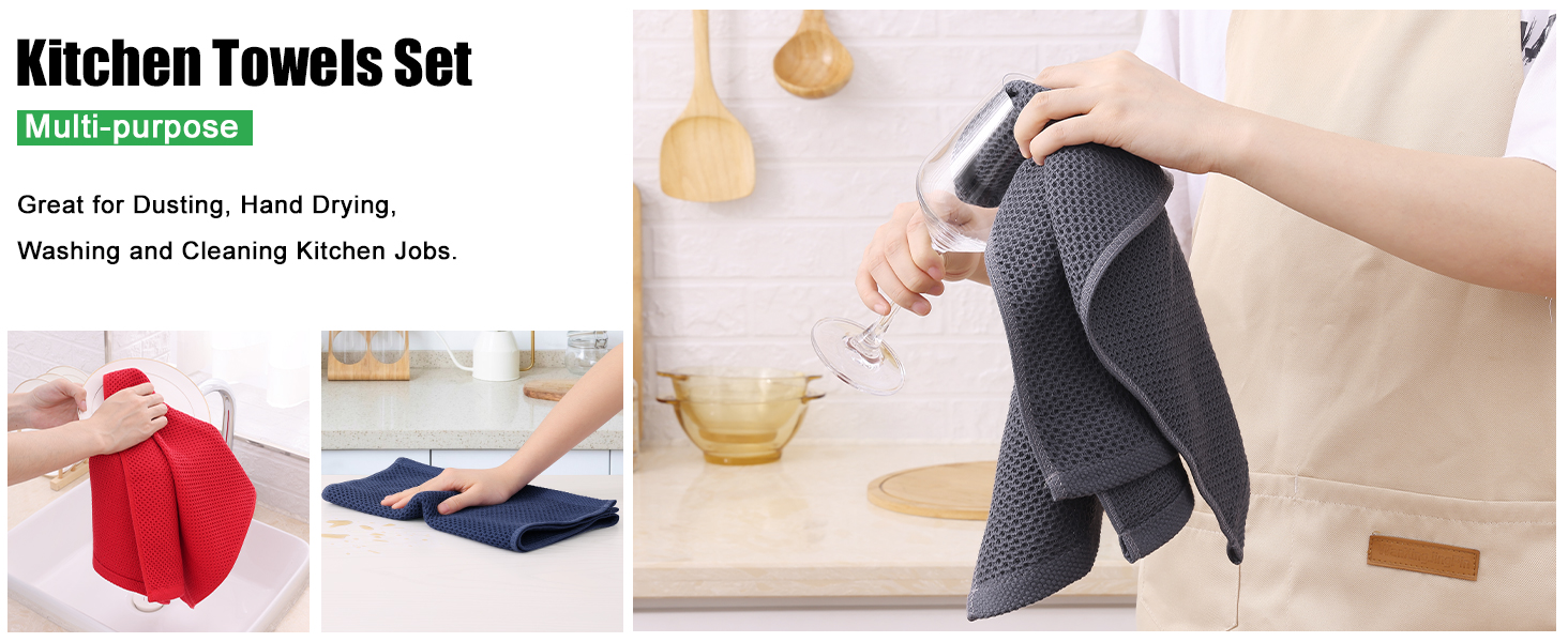 Kitinjoy 100% Cotton Kitchen Dish Cloths (12 X 12 Inches, Dark Grey), 6 Pack Waffle Weave Ultra Soft Absorbent Dish Towels for Drying Dishes Quick Drying Kitchen Towels Dish Rags