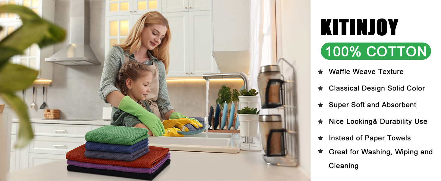 Kitinjoy 100% Cotton Kitchen Dish Cloths (12 X 12 Inches, Dark Grey), 6 Pack Waffle Weave Ultra Soft Absorbent Dish Towels for Drying Dishes Quick Drying Kitchen Towels Dish Rags