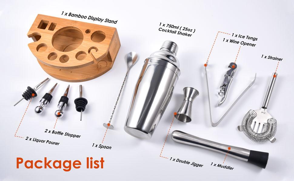 Cocktail Shaker Set,12 Piece 25oz Bartender Kit with Stand,Bar Set for Mixed Drink, Professional Bar Accessory : Shaker,Jigger,Strainer,Muddler,Liquor Pourers, House Warming Gifts