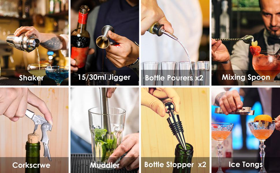 Cocktail Shaker Set,12 Piece 25oz Bartender Kit with Stand,Bar Set for Mixed Drink, Professional Bar Accessory : Shaker,Jigger,Strainer,Muddler,Liquor Pourers, House Warming Gifts