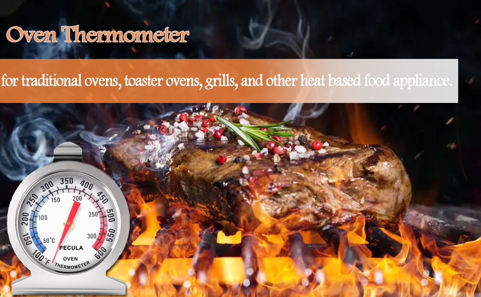 Stainless Steel Oven Thermometer 50-300°C/100-600°F, Analog Instant Read, Battery-Free Kitchen Cooking Thermometer, Hook & Stand Design Food Thermometer for Oven, Grill, Smoker, Fryer