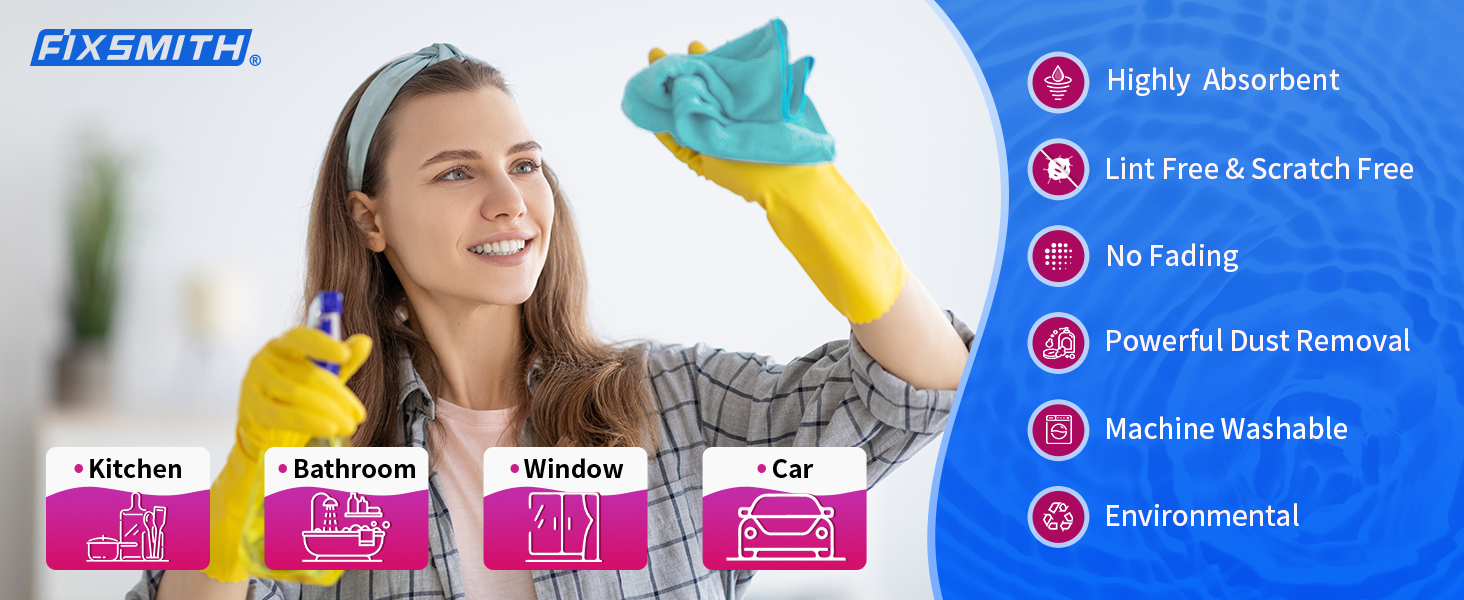 FIXSMITH Microfiber Cleaning Cloth - Pack of 8, Size: 12 x 16 in, Multi-Functional Cleaning Towels, Highly Absorbent Cleaning Rags, Lint-Free, Streak-Free Cleaning Cloths for Car Kitchen Home