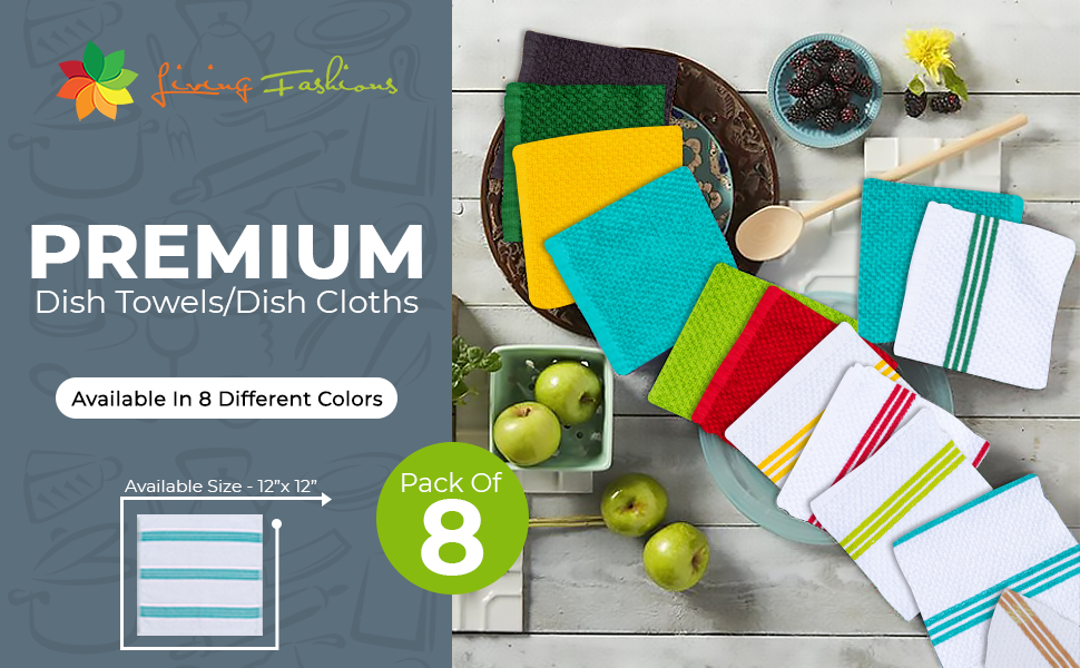 Living Fashions 8 Pack Dish Cloths for Washing Dishes - 100% Cotton Absorbent Dish Towels Size 12