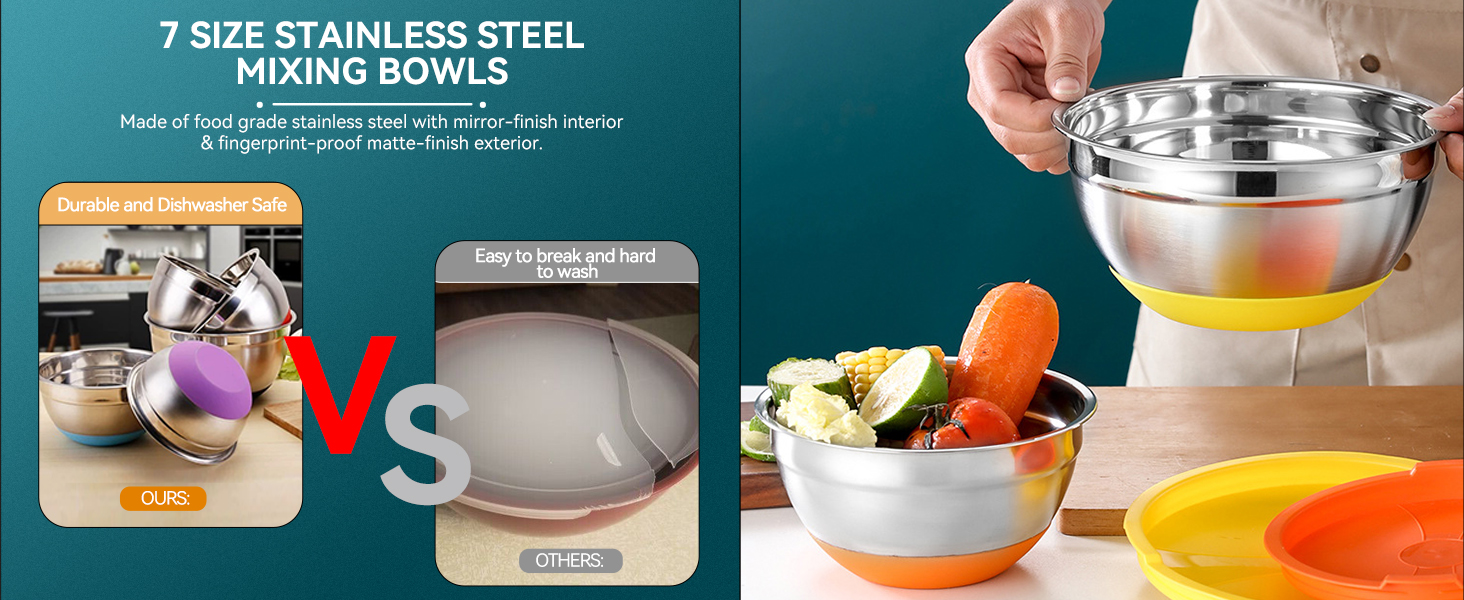 CHAREADA Mixing Bowls with Airtight Lids, 18pcs Stainless Steel Nesting Mixing Bowls Set Non-slip Silicone Bottom, Size 4.5, 3.6, 2.7, 2.1, 1.7, 1.1, 0.7 qt, Fit for Mixing & Serving(Colorful)