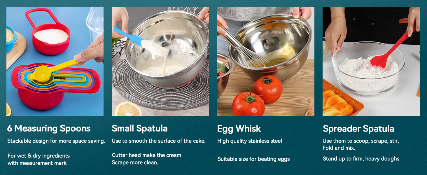 CHAREADA Mixing Bowls with Airtight Lids, 18pcs Stainless Steel Nesting Mixing Bowls Set Non-slip Silicone Bottom, Size 4.5, 3.6, 2.7, 2.1, 1.7, 1.1, 0.7 qt, Fit for Mixing & Serving(Colorful)