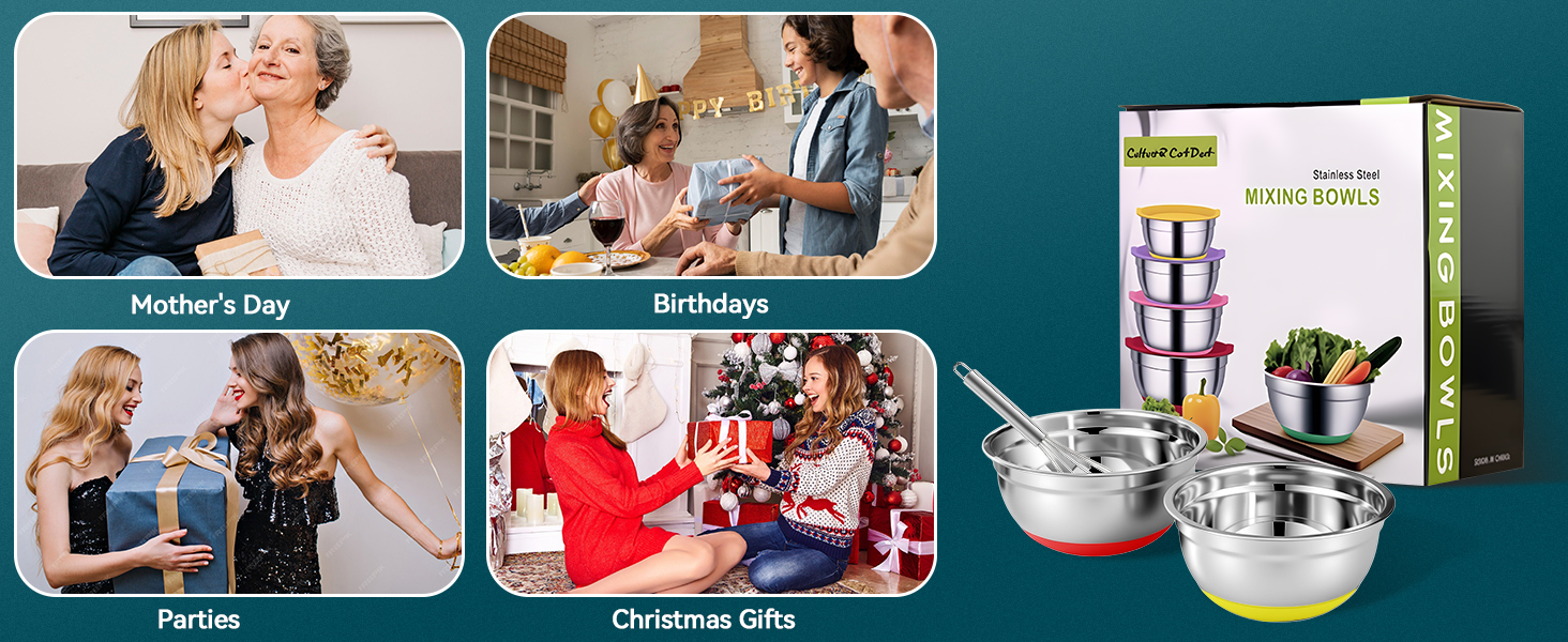 CHAREADA Mixing Bowls with Airtight Lids, 18pcs Stainless Steel Nesting Mixing Bowls Set Non-slip Silicone Bottom, Size 4.5, 3.6, 2.7, 2.1, 1.7, 1.1, 0.7 qt, Fit for Mixing & Serving(Colorful)