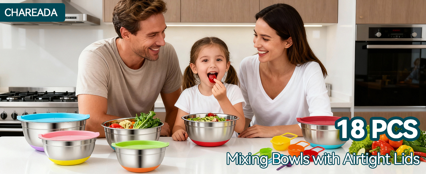 CHAREADA Mixing Bowls with Airtight Lids, 18pcs Stainless Steel Nesting Mixing Bowls Set Non-slip Silicone Bottom, Size 4.5, 3.6, 2.7, 2.1, 1.7, 1.1, 0.7 qt, Fit for Mixing & Serving(Colorful)