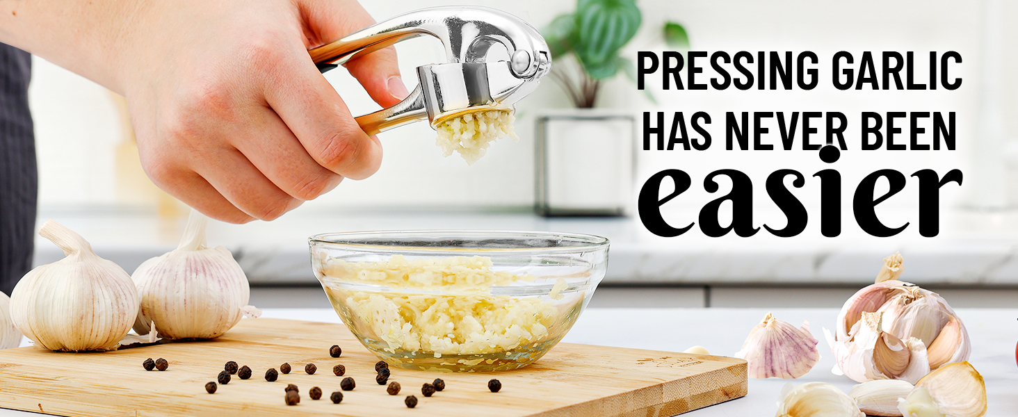 Zulay Kitchen Premium Garlic Press with Soft, Easy to Squeeze Handle - Includes Silicone Garlic Peeler & Cleaning Brush - 3 Piece Garlic Mincer Tool - Sturdy Easy to Clean Garlic Crusher (Gold)