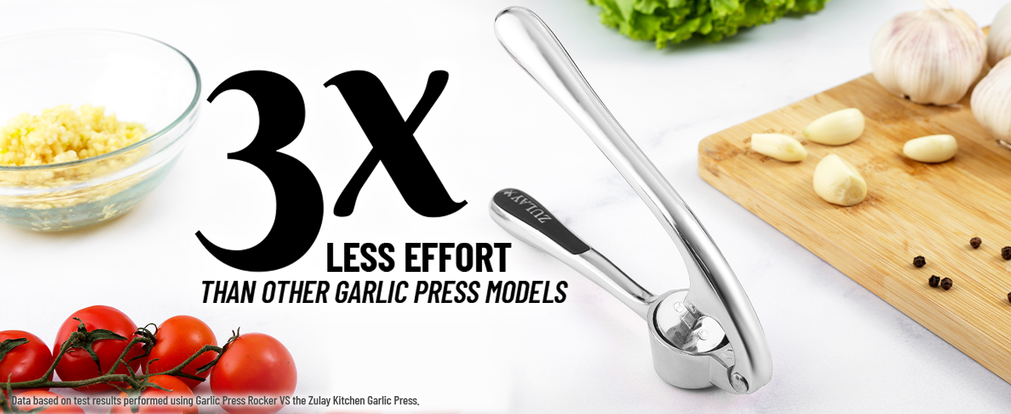 Zulay Kitchen Premium Garlic Press with Soft, Easy to Squeeze Handle - Includes Silicone Garlic Peeler & Cleaning Brush - 3 Piece Garlic Mincer Tool - Sturdy Easy to Clean Garlic Crusher (Gold)