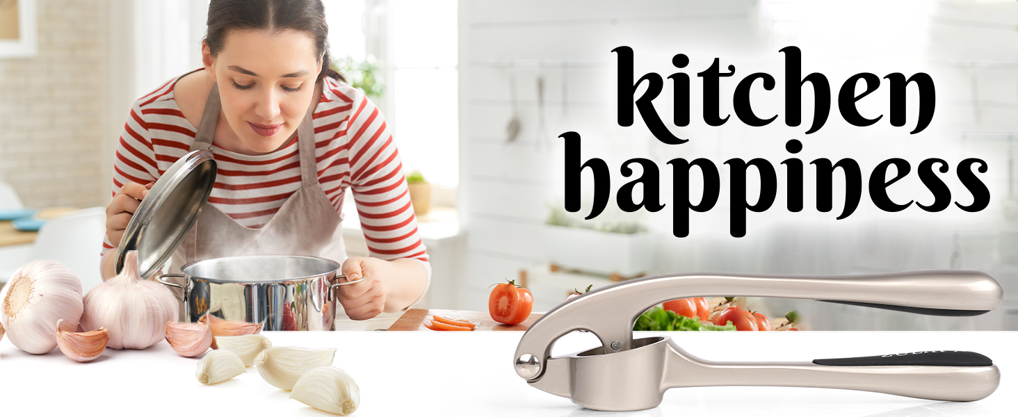 Zulay Kitchen Premium Garlic Press with Soft, Easy to Squeeze Handle - Includes Silicone Garlic Peeler & Cleaning Brush - 3 Piece Garlic Mincer Tool - Sturdy Easy to Clean Garlic Crusher (Gold)