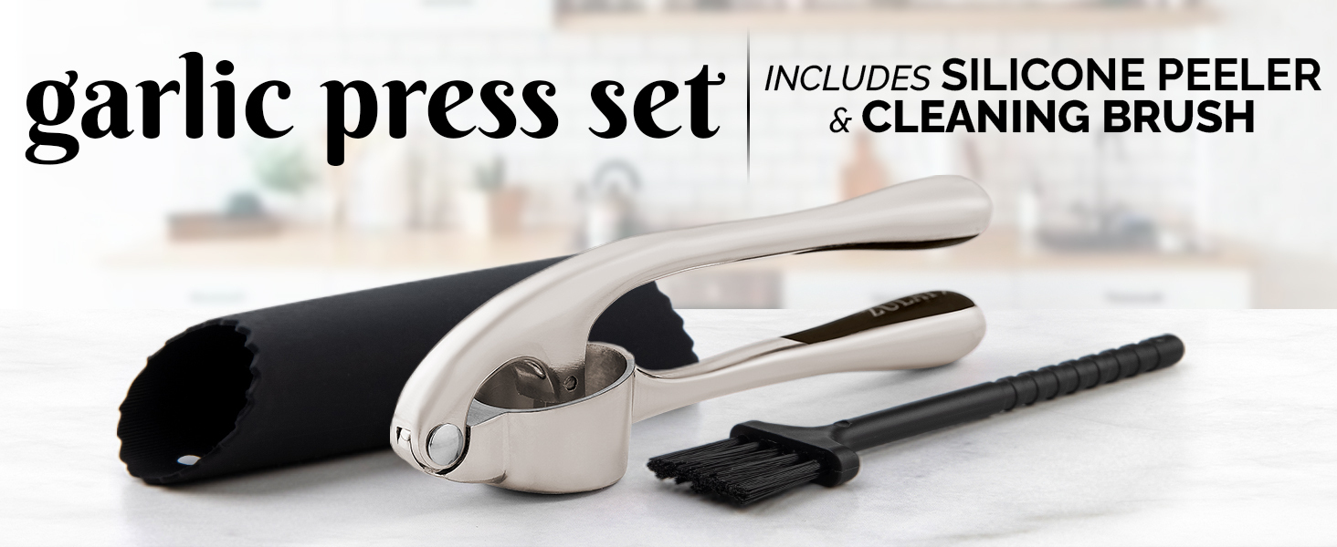 Zulay Kitchen Premium Garlic Press with Soft, Easy to Squeeze Handle - Includes Silicone Garlic Peeler & Cleaning Brush - 3 Piece Garlic Mincer Tool - Sturdy Easy to Clean Garlic Crusher (Gold)