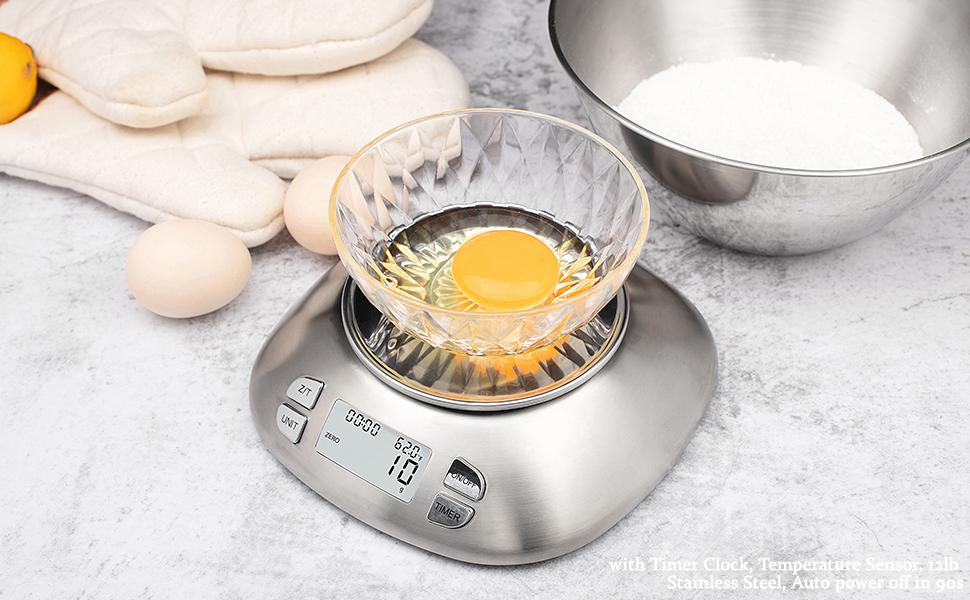Digital Kitchen Scale with Removable Bowl 2.5L Volume, Electronic Stainless Steel Food Scale for Cooking Baking, Room Temperature, Alarm Timer, 12lb 5.5kg, Batteries Included