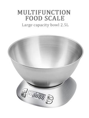 Digital Kitchen Scale with Removable Bowl 2.5L Volume, Electronic Stainless Steel Food Scale for Cooking Baking, Room Temperature, Alarm Timer, 12lb 5.5kg, Batteries Included