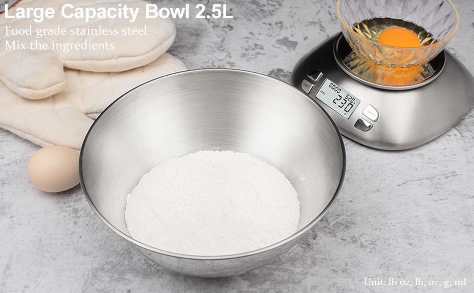 Digital Kitchen Scale with Removable Bowl 2.5L Volume, Electronic Stainless Steel Food Scale for Cooking Baking, Room Temperature, Alarm Timer, 12lb 5.5kg, Batteries Included