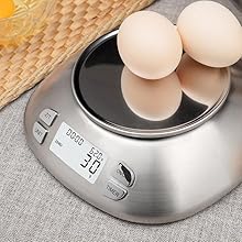 Digital Kitchen Scale with Removable Bowl 2.5L Volume, Electronic Stainless Steel Food Scale for Cooking Baking, Room Temperature, Alarm Timer, 12lb 5.5kg, Batteries Included