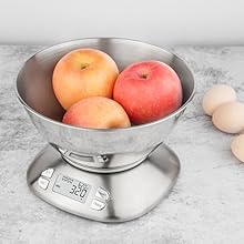 Digital Kitchen Scale with Removable Bowl 2.5L Volume, Electronic Stainless Steel Food Scale for Cooking Baking, Room Temperature, Alarm Timer, 12lb 5.5kg, Batteries Included