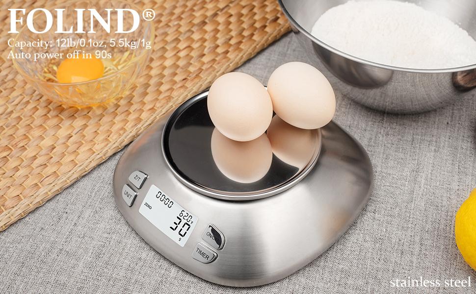 Digital Kitchen Scale with Removable Bowl 2.5L Volume, Electronic Stainless Steel Food Scale for Cooking Baking, Room Temperature, Alarm Timer, 12lb 5.5kg, Batteries Included