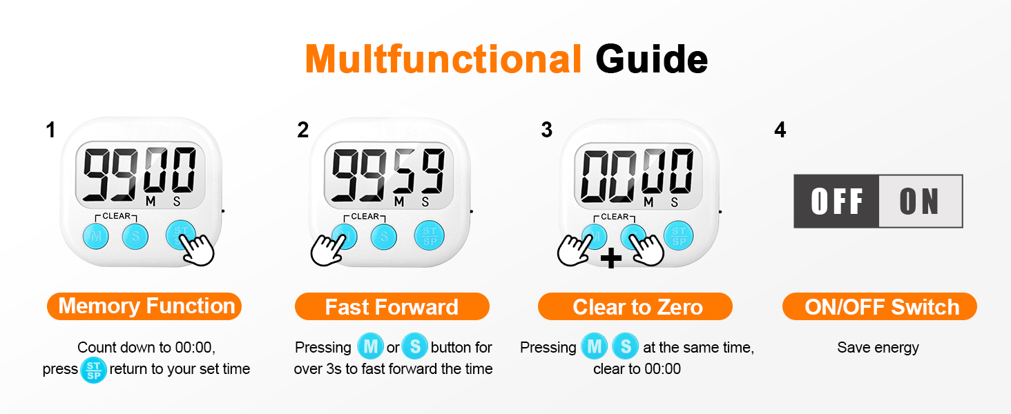2 Pack Digital Kitchen Timer for Cooking Big Digits Loud Alarm Magnetic Backing Stand Cooking Timers for Baking White
