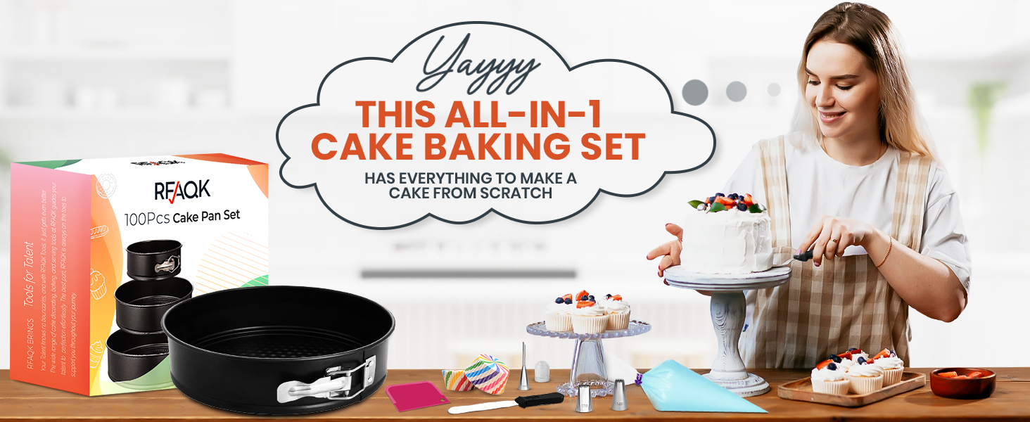RFAQK 100pcs Cake Pan Sets for Baking + Cake Decorating Supplies: 3 Non-Stick Springform Pans Set (4, 7, 9 inches), Icing Tips, Cake Leveler – Multi-functional Leak-Proof CheeseCake Pan & eBook