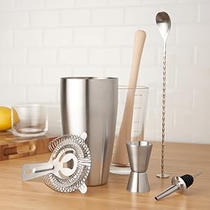 True 7-Piece Barware Set for Mixed Drinks and Cold Brew Cocktails, Includes Boston Cocktail Shaker Tin, Mixing Glass, Jigger, Muddler, Strainer, Bar Spoon, Pour Spout for Home Bar, Bartender Gifts